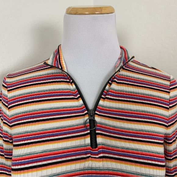 Express One Eleven Striped Ribbed Zip Neck Top 3/4 Sleeves Retro Size XS - Picture 13 of 16